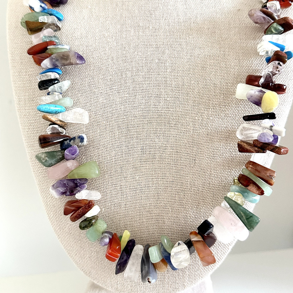 Vintage 925 Sterling Silver Multi Gemstone Nugget Chunky Statement Necklace 36" - Picture 4 of 14